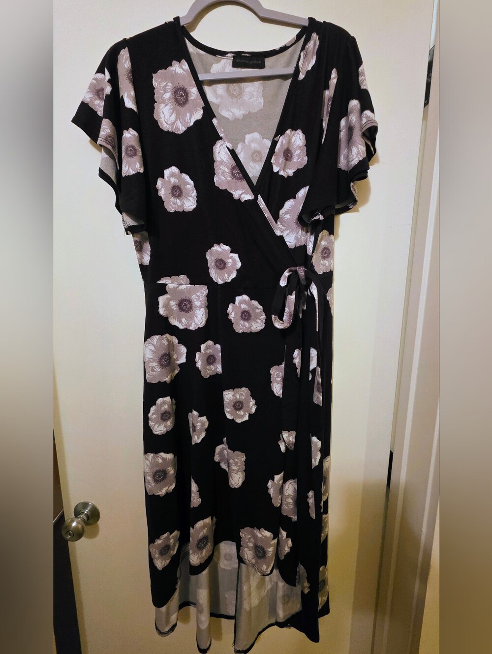 Black Floral Wrap Midi Dress with Taupe Blooms